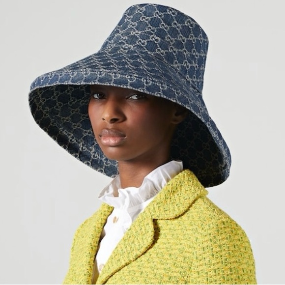 Gucci Denim GG Monogram Bucket Hat in Wide Large Brim Navy Sun Beach Coverage - Picture 9 of 14